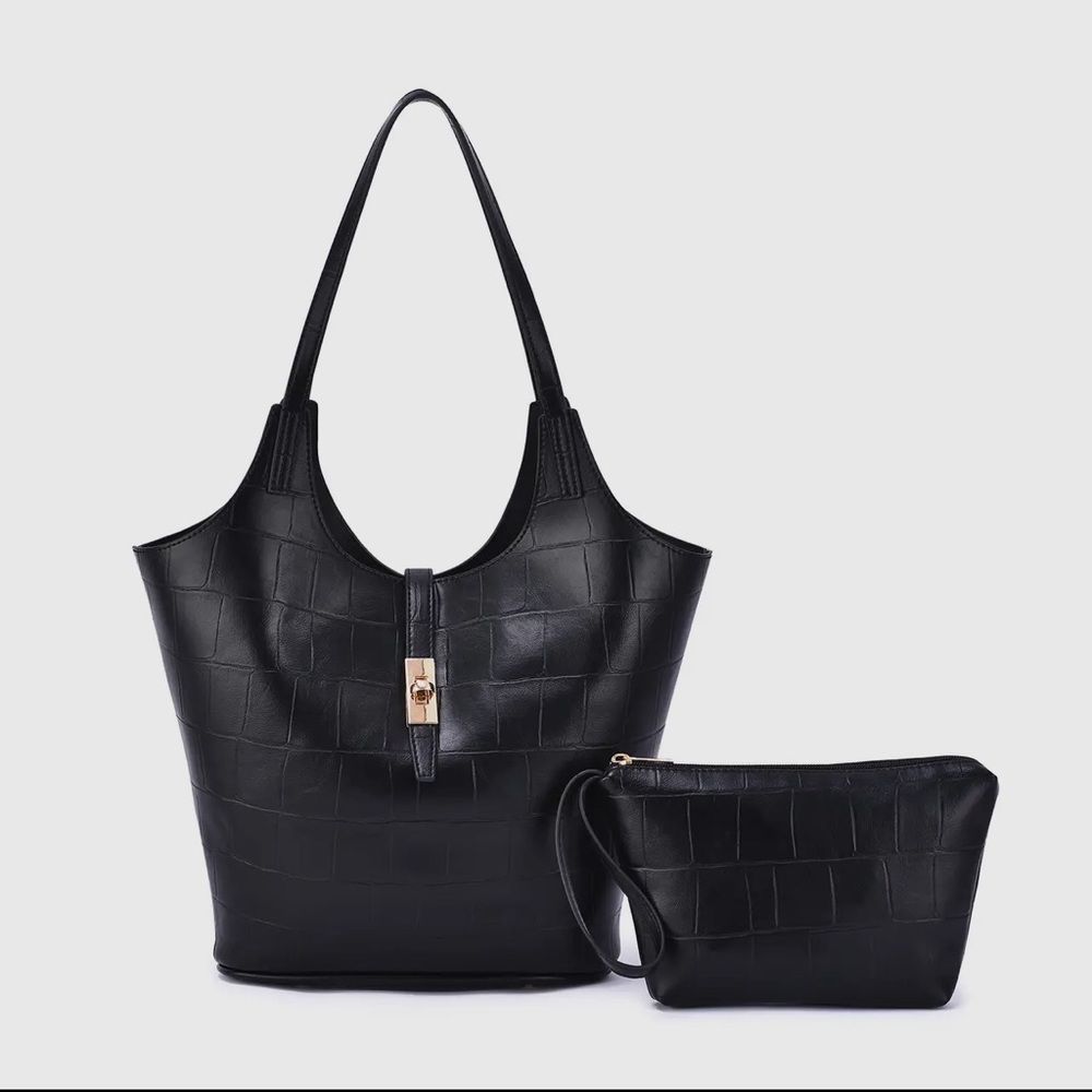 Clio 2-in-1 Croc Embossed Tote in Black